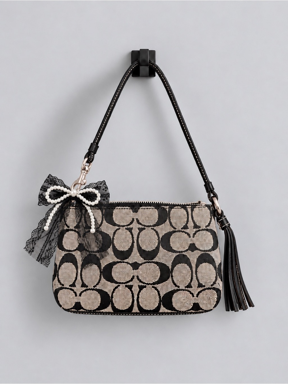 VTG Coach 6094 Black and Cream Signature Jacquard Demi Pouch with Tassel